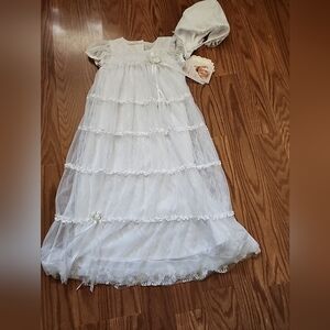 NEW W/TAGS BABY BISCOTTI Elegant White Lace Dress with Bonnet Christening Gown